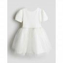 H&M Tulle-Skirt Dress With Puff Sleeves - White, 4-6yr