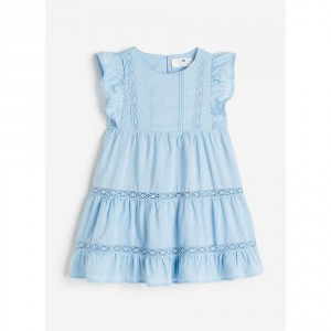 H&M Flounced Lace-Detail Dress - Light Blue, 3-4yr