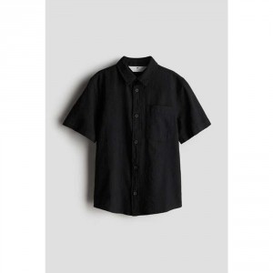 H&M Short-Sleeved Linen-Blend Shirt - Black, 8-9yr