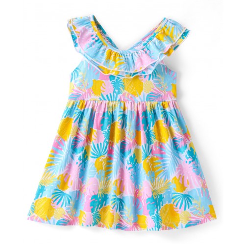 Babyhug 100% Cotton Knit Sleeveless Frock with Tropical Print