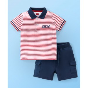 Babyhug 100% Cotton Half Sleeves T-Shirt & Shorts Set Striped- Red & Blue, 12-18m