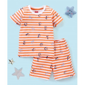 Babyhug Cotton Knit Half Sleeves Striped Night Suit Numbers Print - White & Orange, 2-3yr