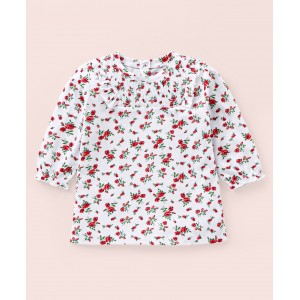 Babyhug Three Fourth Sleeves Top with Smoking and Frill Detailing & Floral Print - White, 12-18m