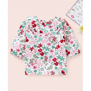 Babyhug Three Fourth Peasant Sleeves With Frill Detailing Floral Print Top - White, 12-18m