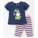 Babyhug Half Sleeves Cotton Capri Night Suit Tortoise Print - Navy Blue & Pink, 12-18m