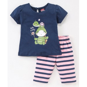 Babyhug Half Sleeves Cotton Capri Night Suit Tortoise Print - Navy Blue & Pink, 12-18m