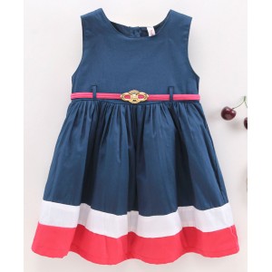 Babyhug 100% Cotton Sleeveless Frock With Belt & Stripes Print - Navy Blue, 9-12m