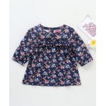 Babyhug Three Forth Sleeves Floral Print With Frill Detail Top - Blue, 6-9m