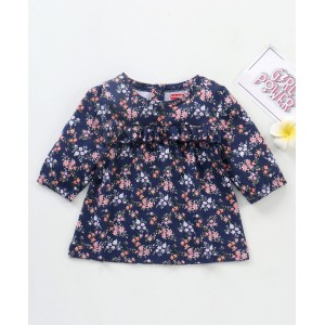 Babyhug Three Forth Sleeves Floral Print With Frill Detail Top - Blue, 6-9m