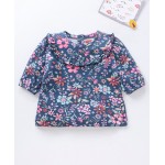 Babyhug Three Forth Sleeves Flower Print With Frill Detailing Top - Blue, 6-9m