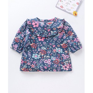 Babyhug Three Forth Sleeves Flower Print With Frill Detailing Top - Blue, 18-24m