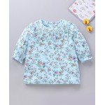 Babyhug Three Forth Sleeves Flower Print With Smocking & Frill Detailing Top - Blue, 2-3yr