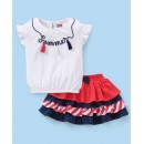 Babyhug 100% Cotton Half Sleeves Top & Skirt Set With Embroidery & Tassel Detailing - White Navy & Red, 12-18m