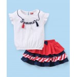 Babyhug 100% Cotton Half Sleeves Top & Skirt Set With Embroidery & Tassel Detailing - White Navy & Red, 12-18m