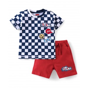 Babyhug 100% Cotton Knit Half Sleeves Checkered T-Shirt & Shorts Set - White Navy & Red, 18-24m