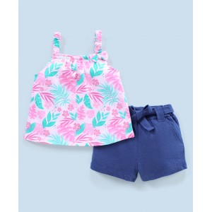 Babyhug 100% Cotton Sleeveless Tropical Print Top and Shorts with Bow Applique - Pink & Blue, 4-5yr