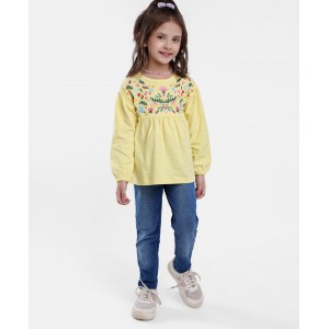 Babyhug Cotton Knit Full Sleeves Floral Embroidered Top & Washed Denim Jeans Set - Yellow & Blue - 9-12m