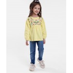 Babyhug Cotton Knit Full Sleeves Floral Embroidered Top & Washed Denim Jeans Set - Yellow & Blue - 18-24m