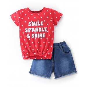 Babyhug 100% Cotton Half Sleeves Top and Denim Shorts Set Text and Polka Dots Print - Red & Blue, 5-6yr