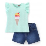 Babyhug 100% Cotton Sleeveless Top & Denim Shorts Set Ice Cream Patch- Blue & Indigo, 2-3yr