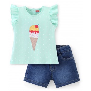 Babyhug 100% Cotton Sleeveless Top & Denim Shorts Set Ice Cream Patch- Blue & Indigo, 3-4yr