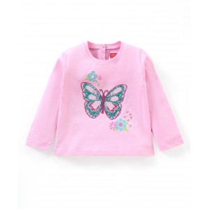 Babyhug Full Sleeves Cotton T-Shirt With Sequin Butterfly Embroidery- Pink, 12-18m