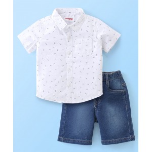 Babyhug Cotton Woven Half Sleeves Lines Print Shirt & Denim Shorts Set - White & Blue, 12-18m