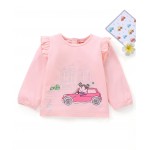 Babyhug Full Sleeves Cotton Top with Car Graphic and Frill Detailing - Pink, 6-9m