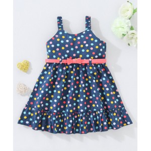 Babyhug 100% Cotton Sleeveless Frock With Belt Polka Dot Print- Blue, 9-12m