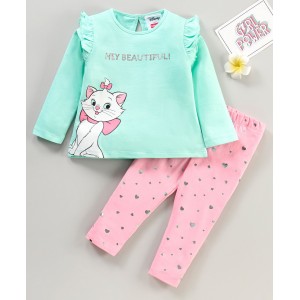 Babyhug Cotton Full Sleeves Top & Leggings Set Kitty & Glitter Print- Mint Pink, 9-12m