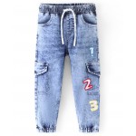 Babyhug Cotton Washed Denim Full Length Number Embroidered Jogger - Blue, 2-3yr