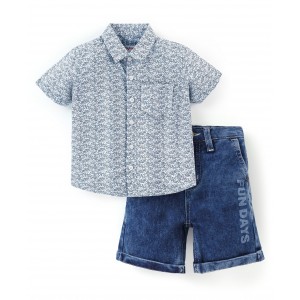 Babyhug Cotton Woven Half Sleeves Shirt and Denim Shorts Paisley Print - Blue & White, 4-5yr