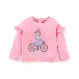 Babyhug Full Sleeves Tee with Graphics & Frill Detailing - Pink, 9-12m