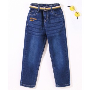 Babyhug Full Length Stretchable Washed Denim Jeans with Belt & Text Embroidery-Blue, 12-18m