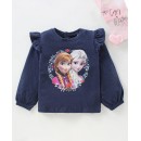 Babyhug Full Sleeves Cotton Tee With Frill Detailing Disney Anna & Elsa Graphics- Navy Blue, 6-9m