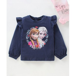 Babyhug Full Sleeves Cotton Tee With Frill Detailing Disney Anna & Elsa Graphics- Navy Blue, 6-9m