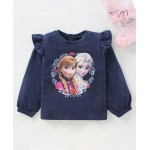 Babyhug Full Sleeves Cotton Tee With Frill Detailing Disney Anna & Elsa Graphics- Navy Blue, 9-12m