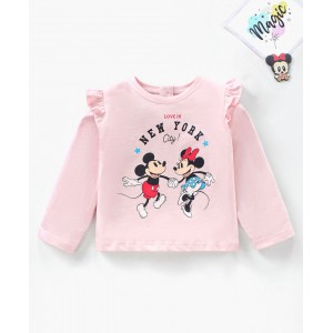 Babyhug Full Sleeves Cotton Tee With Frill Detailing Mickey & Minnie Mouse Graphics- Light Pink, 2-3yr