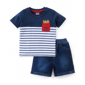 Babyhug Single Jersey Half Sleeves T-Shirt & Shorts With Striped Print - Navy Blue & White, 4-5yr