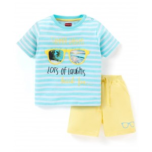 Babyhug 100% Cotton Half Sleeves T-Shirt and Shorts Stripes & Text Print - Blue & Yellow, 18-24m