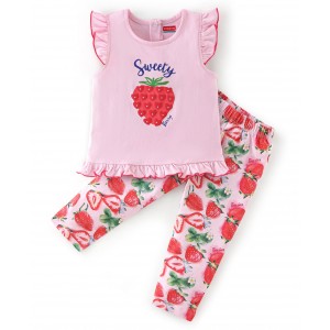 Babyhug 100% Cotton Sleeveless Top & Leggings Set Strawberry Print- Pink, 2-3yr