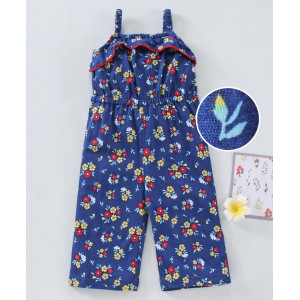 Babyhug 100%Cotton Singlet Jumpsuit Floral Print - Navy Blue, 18-24m