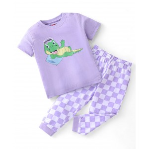 Babyhug Cotton Half Sleeves Night Suit Checks & Dino Print- Purple, 3-4yr