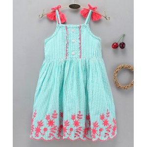 Babyhug Singlet Yarn Dyed Frock Floral Embroidered - Mint, 18-24m