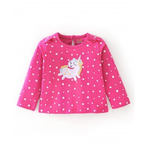 Babyhug Cotton Knit Full Sleeves Unicorn Patch Tee With Graphics and Applique Detailing - Pink, 6-9m