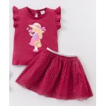 Babyhug Short Sleeves Knit Top & Knee Length Fancy Mesh Skirt  With Foil - Maroon, 9-12m